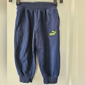 Kids sz4 Puma Joggers Sweatpants Pull On Navy Blue Neon Logo Athletic Loungewear